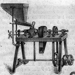 Agricultural machine: a small mill at the 1860 Agricultural Exhibition in Paris. Engraving in 