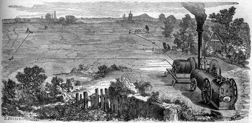 Agriculture: peasants using a steam machine for their cultivation. Engraving in Le Monde Illustré n°131 of 15 October 1859.