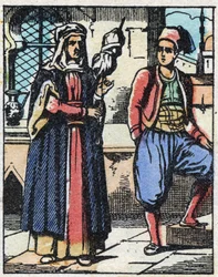 Aladin and his mother living from their work. Engraving of the tale of Thousand and One Nights Aladin and the Wonderful Lamp. Epinal imaging, late 19th century. Private collection