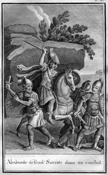 Alcibiades, Athenian statesman and strategist defends Socrates in a fight. In 