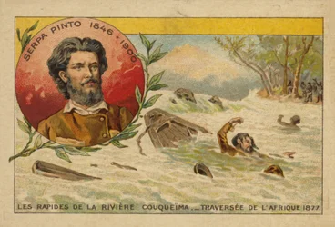 Alexandre de Serpa Pinto struggling through the rapids of the Cuando River while crossing Africa in 1877