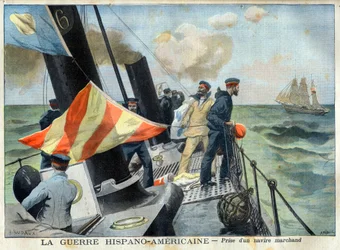 American Hispano War (or Desastre of 98) - The Spanish-American War: capture of a merchant ship. The Hispano-American War - Taking a Merchant Ship. Illustration for Le Petit Journal