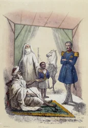 An Arab family being visited by a soldier; illustration for Arab countries, - in “The Twelve Nations” by M.E. Fouinet