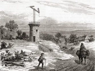 An aerial telegraph post in the 18th century, from Les Merveilles de la Science, published c.1870
