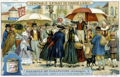 An orvietan merchant (charlatan) installed at the fair of a small town in Germany - Advertising label Liébig, c.1900