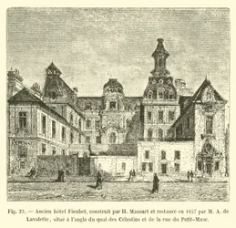 Old Hotel Fieubet, built by H. Mansart and restored in 1857 by M. A. de Lavalette, located at the corner of Quai des Celestins and Rue du Petit-Musc