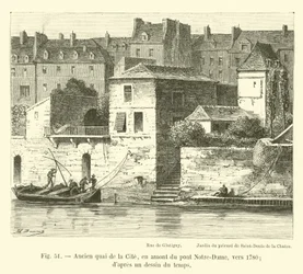 Old quay of the Cite, upstream of the Notre-Dame bridge, around 1780; after a drawing of the time