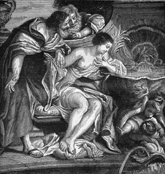 Ancient Egypt: Cheops imagined to prostitute his daughter to pay for the construction of the Pyramids (procuring). Engraving in “The History of Prostitution and Debauchery among All the Peoples of the World from Antiquity to the Present Day” by Dr. Th.-F.