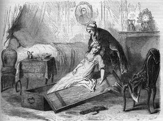 Antoine-Francois Desrues (1744-1777) French poisoner puts the corpse of his victim Madame de La Motte in a trunk - Engraving in Causes celebres de tous les peuples by Armand Fouquier 1858-1867 - private collection