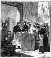 Apparatus used in hospitals in Paris at the end of the 19th century for the war of scabies by sulfur - Engraving in Sciences brought to the graces of all - physics and chemistry by Alexis Clerc - End 19th century - Private collection