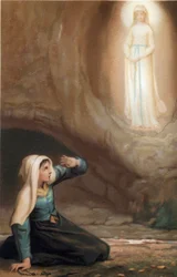 Appearance of the Virgin Mary to Bernadette Soubirous (1844-1879) in the cave of Lourdes, Hautes Pyrenees (65)