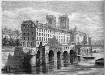 Architecture: exterior view of the Hotel Dieu on the Ile de la Cite in Paris, before its demolition. View taken from the Quai de la Tournelle in 1859. Engraving in 