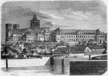 Architecture: view of the Abbey aux Dames (around 1060) and the Church of the Holy Trinity (Romanesque style). Caen, Calvados