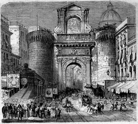 Architecture: view of the Porta Capuana (1484) in Naples, during the entry of the troops of the expedition of the Thousand or the Red Shirts of Garibaldi in 1860. Engraving in 