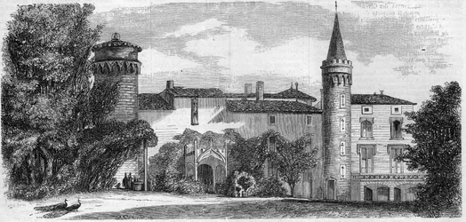 Architecture: view of the castle of Saint Point, residence of Alphonse de Lamartine. Saone and Loire. Engraving in 