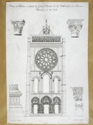 Architecture: view of the grand portal of the Cathedrale de Chartres - Monument of the 12th century Plate of the 19th century
