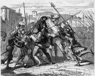 Arrest of Ludovico Maria Sforza, called il Moro (1452-1508), in Milan in 1500: Betrayed by Swiss mercenaries, he fell into the hands of the French army. Engraving in "History of France in One Hundred Paintings" by Paul Lehugeur