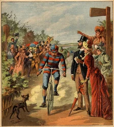 Arrival of a cycling race in the French countryside. Engraving in 