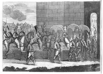 Arrival of the Sultan Mustafa in Constantinople, from Voyages de Sr A. de la Motraye en Europe, Asie et Afrique