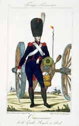 Artilleryman of the Royal Guard with a cannon, from Troupes Francaises, pub. chez Basset, Paris, c.1790