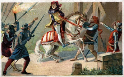 Assassination of Etienne Marcel, rich drapier and Prevot des merchants (1316-1358) by the echevin Jean Maillart, one of the leaders of the royalist party, in July 1358. Chromolithography of the late 19th century