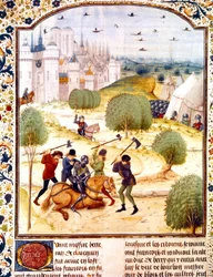 Assassination of an English knight outside Paris in 1437 (100 years war) illumination from Chronicles of England written by Jean de Wavrin