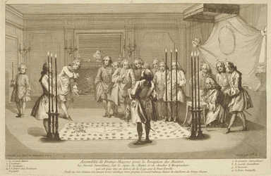 Assembly of Free Masons before the Initiation of a Master, from The Ceremonies of Religion and Custom, c.1733