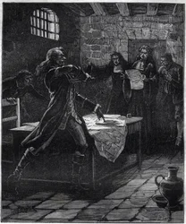 Attempted suicide of Marquis Thomas Arthur, Baron de Tollendal, Count of Lally (1702-1766), French general of Irish origin, at the announcement of his death sentence for treason by the Paris Parliament in 1766. Engraving of the 19th century.