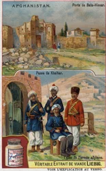 Bala-Hissar Gate in Afghanistan and Soldiers of the Afghan Army at the Khyber Pass. Advertising Chromolithography of the 19th Century