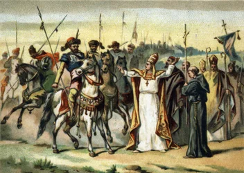 Barbarian invasions - Attila and Saint Leon I the Great (440-461): the barbarian Attila, leader of the Huns people, meets Pope Saint Leon the Great who managed to convince him to spare Italy. Chromolithography of the late 19th century