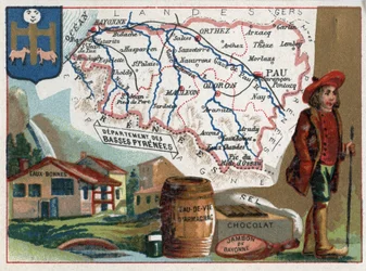 Bases Pyrenees, now Pyrenees-Atlantiques, Aquitaine, France. The thermal baths of the eau-bonnes, eau de vie d