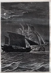Battle of the Swallow and a Malaysian pirate ship: The Swallow ship of Philip Carteret fought with a Malaysian pirate ship in the Indonesian waters in 1767 - illustration from The Great Mariners of the 18th century