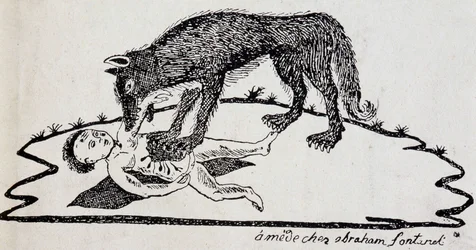 Beast torn a child (beast of the Gevaudan) - wood engraving published in Mende (Archives du Puy-de-Dome)