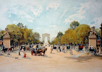 View of the Avenue des Champs Elysees and the Arc de Triomphe in Paris