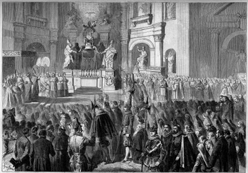 Benediction by Pope Pius IX of the altar of the pulpit of the Church of St. Peter in Rome, after restoration. Altar built between 1656 and 1658 by Gianlorenzo Bernini.