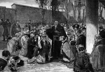 Benediction of the faithful in the court of the Capuchins in the rue de la Sante in Paris on 30 October 1880, before their expulsion following the decrees of March 1880 issued by Jules Ferry