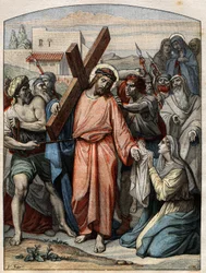 Bible Scene - Way of the Cross: Jesus has his face wiped by St. Veronica. Engraving in Le Pelerin of 20 September 1896.