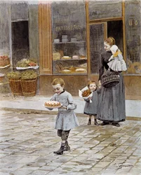 Birthday: A Little Boy Comes Out of a Pastry Shop Holding His Cake in His Hands