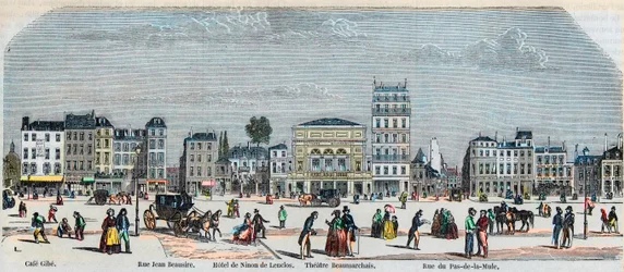 Boulevard Beaumarchais south side - Cafe Gibe - Hotel de Ninon de Laclos - Theatre Beaumarchais - Rue pas de la mule - Engraving in “Tableau-de-Paris” by Edmond Texier 1852