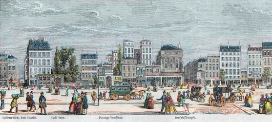 Boulevard du Temple south side - Rue Charlot - Cafe Turk - Passage Vendome - Rue du Temple - Engraving in “Tableau-de-Paris” by Edmond Texier 1852