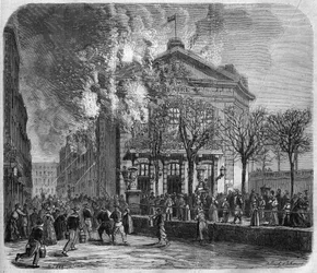 Brest, fire of the theatre on 11 March 1866, built in 1766 by Choquart de Lindu, engraving after a drawing by Clerget and Moraine and after a photograph by the Mage brothers, in 