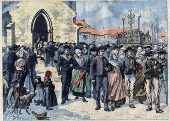 Breton Custom: Traditional Marriage in Plougastel (Finistere, Brittany). Marriages Leave the Church. Engraving in Le Petit Parisien