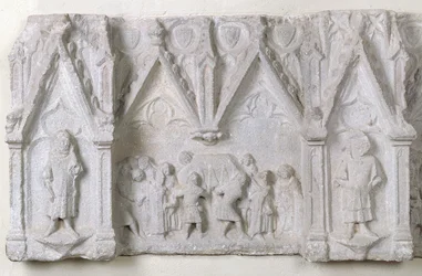 Burial Scene, coffin being carried by four mourners, an elderly woman is surrounded by three men