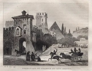 Caius Cestius Pyramid and Gate of St. Paul in Rome - Engraving from 