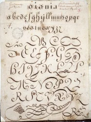 Calligraphy: Manuscript piece of round on veline adorned with arabesques around 1813. Historical Library of the City of Paris
