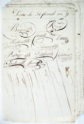 Calligraphy: sheet of the register of the Academic Society of Writing, 30 Floreal an IX