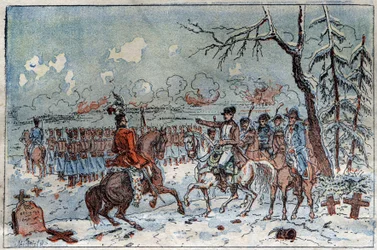 Campaign of Prussia and Poland: Napoleon I on the battlefield of Eylau on 08/02/1807 ordered Murat to repel the Russian cavalry. Engraving of the 19th century.