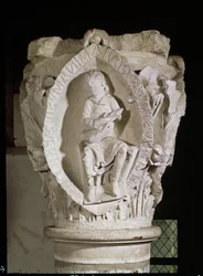 Capital Depicting the First Key of Plainsong with a Dulcimer Player