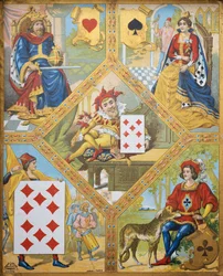 Card Game, Plate with King of Hearts, Queen of Spades, Ten of Diamonds and Jack of Clubs, Dwarf Lindoro with Seven of Diamonds in Centre