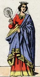 Carolingian dynasty: Portrait of Edwige of Wessex (Edgiva, Otgiva, Ogive, circa 903-951) Queen of the Franks wife of Charles III called the Simple (879-929). Epinal imaging from the end of the 19th century. Private collection.